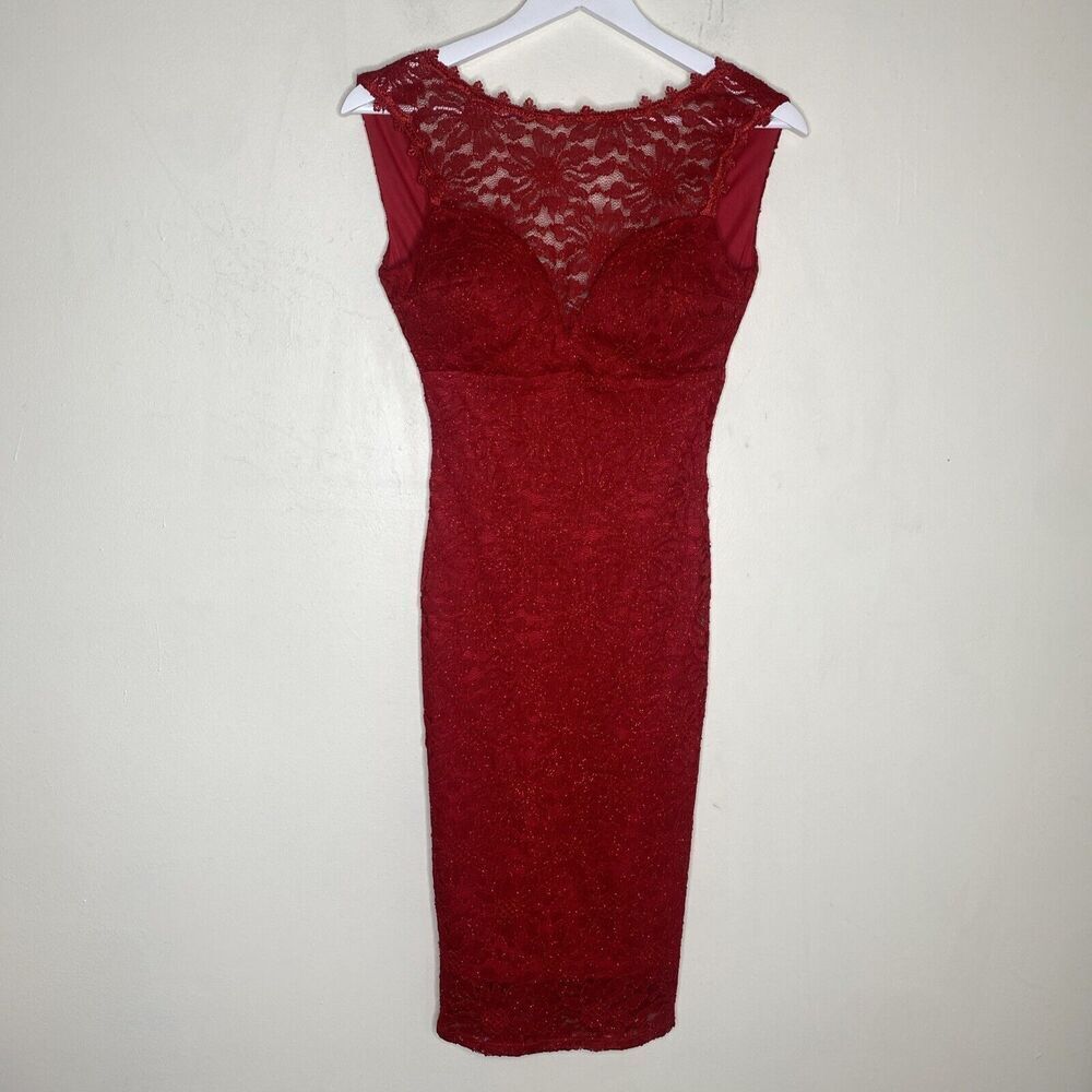 Tawny Red Lace Bodycon Cutout Glitter Formal Y2k Mini Dress Small